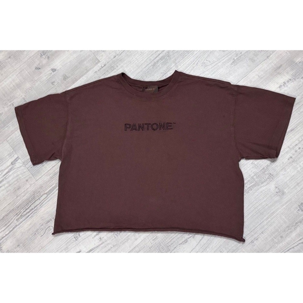 Forever 21 x Pantone T-Shirt‎ Womens L Brown Cropped Embroidered Logo Boxy Tee